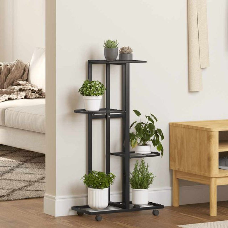Vidaxl Blumenständer aus Eisen mit 4 Etagen und Rollen, Schwarz, H x B x T: 80 x 44 x 23 cm - Bild 1