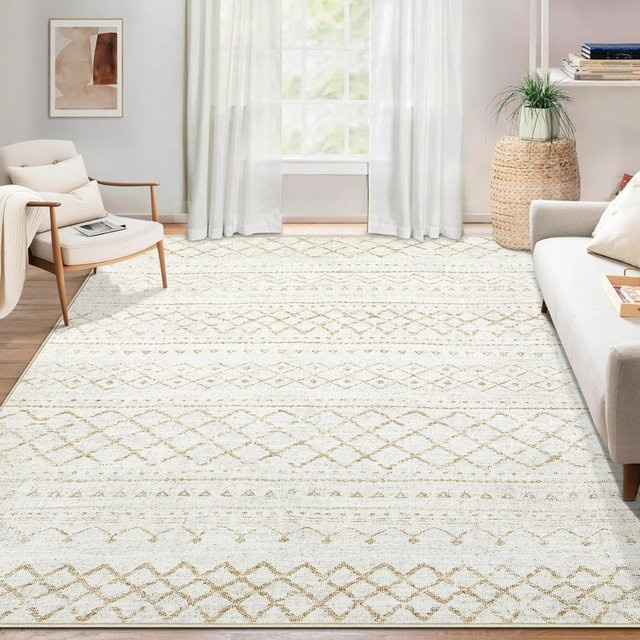 Moderner geometrischer Teppich aus Polyester in Weiß, wasserdicht und schmutzabweisend, B/T: 80 x 160 cm - Bild 1