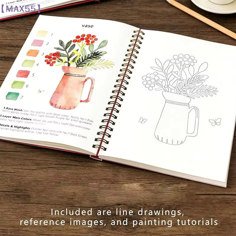 MAX-55 Aquarell-Blumen-Arbeitsbuch mit spiralgebundener Bindung und dickem Papier für Anfänger, A4, Mehrfarbig - Bild 3
