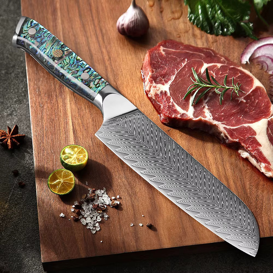 Turwho Santoku-Messer aus Damaststahl, 7 Zoll (17,78 cm) professionelles japanisches Küchenmesser für Fleisch, Fisch und Gemüse - Bild 3