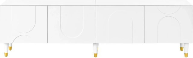 Merax TV-Schrank mit Bogenrelief in Weiß, moderner Fernsehtisch mit 4 Türen und Holzfüßen, B/T/H: 180 x 40 x 50 cm - Bild 1