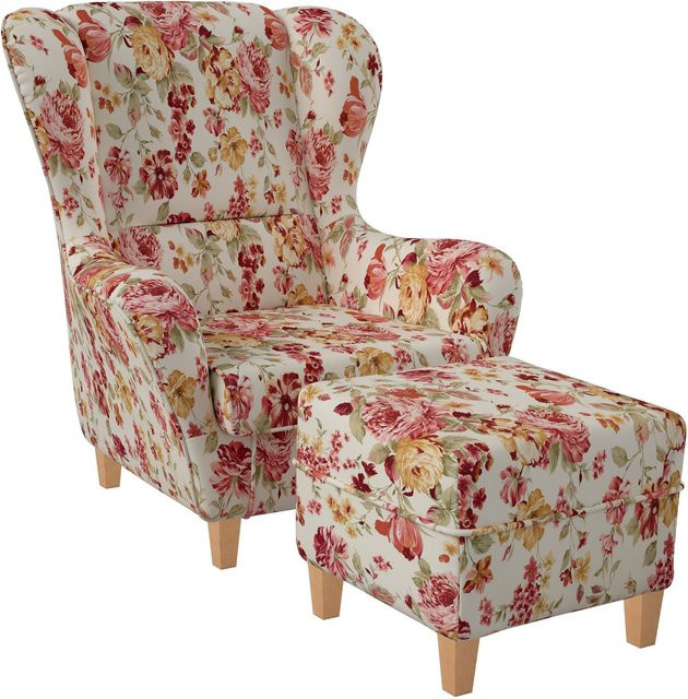 Supellex Sofia Ohrensessel mit Hocker im Landhausstil mit Pfingstrose Design in Mehrfarbig und Leinen-Optik - Bild 1