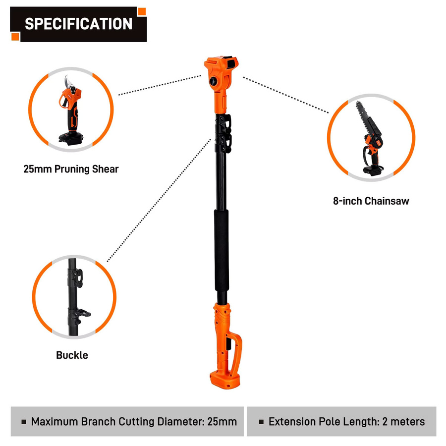 Drillpro Akku Astschere mit 8 Zoll Bürstenloser Kettensäge und 2m Teleskopstange, Orange - Bild 5