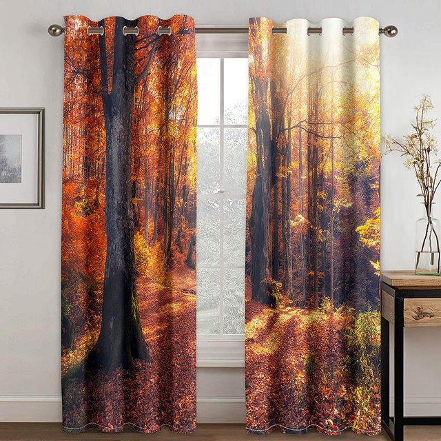 A Family Of Home Textiles Landschaftsvorhänge Frühlings- und Herbstwald mit Bäumen und Blättern, 2 Paneele, halbtransparent, Mehrfarbig, Breite: 150 cm, Höhe: 166 cm - Bild 1