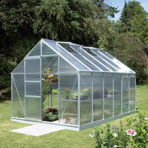 VITAVIA Gewächshaus Merkur mit 9,9 m² Grundfläche, silberfarben, aus Aluminium und Polycarbonat mit Schiebetür, Regenrinne und 2 Dachfenstern - Bild 1