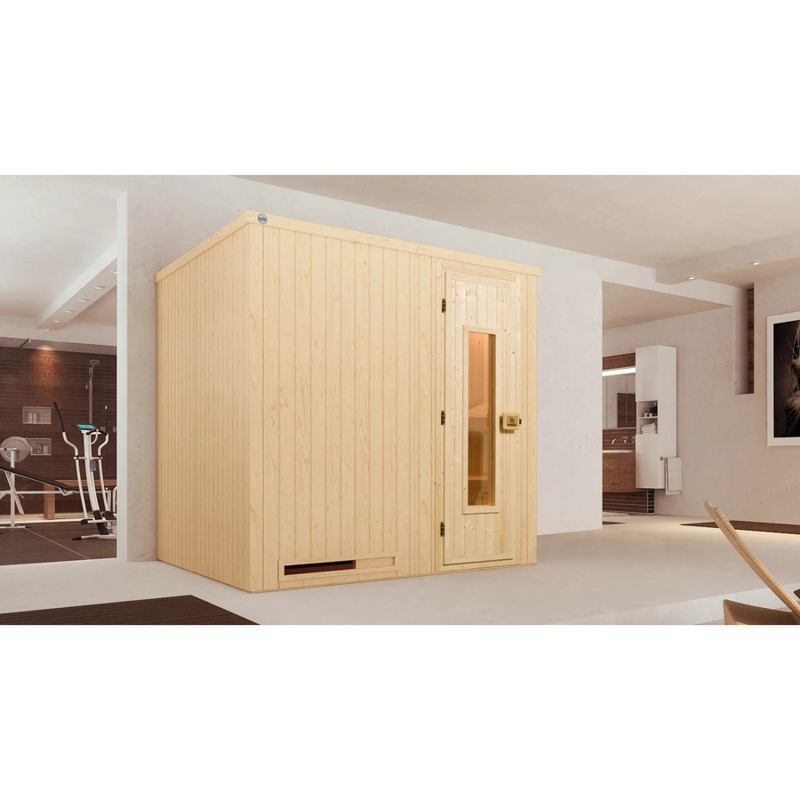 WEKA Elementsauna Halmstad 2 Sparset mit 5,4 kW und Kompakt Holztür in Beige und Braun, B/H/T: 194 x 199 x 177 cm - Bild 2