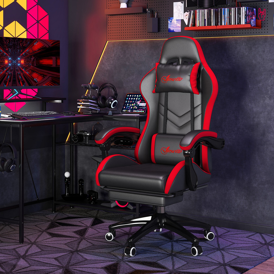 Vinsetto Gaming-Stuhl von Aosom aus PU-Leder und Stahl in Schwarz und Rot mit verstellbarer Höhe und neigbarer Rückenlehne, B/T/H: 65 x 65 x 121-129 cm - Bild 2
