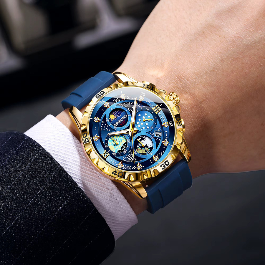 BINBOND Chronograph, Quarz, Blau, Gold, Silikon, Herren - Bild 3