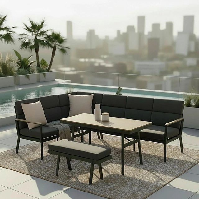 Bessagi Garden Eleonora Dining-Loungeset in Dunkelgrau mit Outdoorstoff und Aluminiumgestell - Bild 1