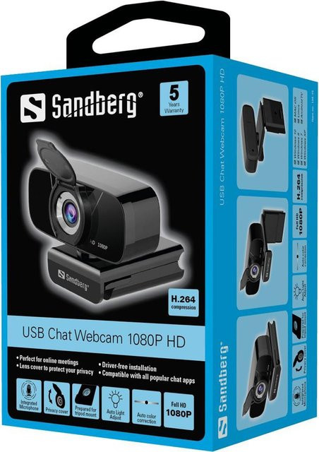 Sandberg USB Chat Webcam Full HD 1080p in Schwarz mit Audio und 2 MP Auflösung - Bild 1