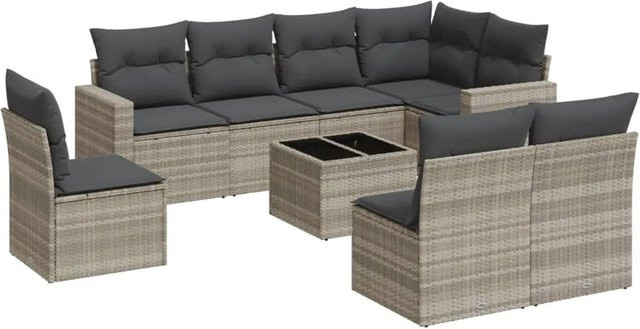 vidaXL 9-tlg. Garten-Sofagarnitur in L-Form aus Polyrattan mit Kissen, Hellgrau - Bild 1