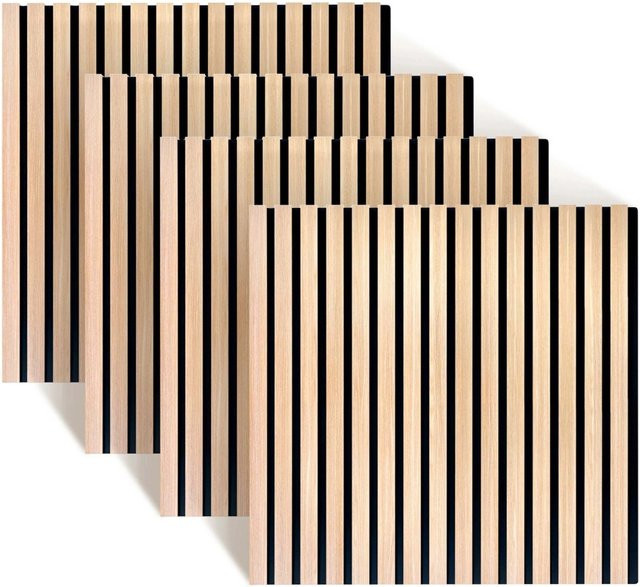 Relaxdays Akustikpaneele 4er Set mit Lamellen-Design aus MDF und PET in Eiche Hell, B: 60 cm, H: 60 cm, T: 1,8 cm - Bild 1