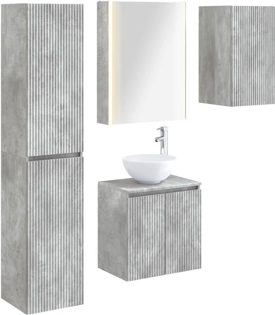 vidaXL Badezimmerschrank-Set 5-teilig in Betongrau mit LED-Beleuchtung und Spiegelschrank, B/T/H: 53 x 15,5 x 70 cm - Bild 1