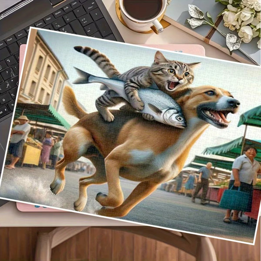 AZNM Puzzle, süßer Hund mit Katzen- und Fischmarktszene, 1.000 Teile - Bild 4