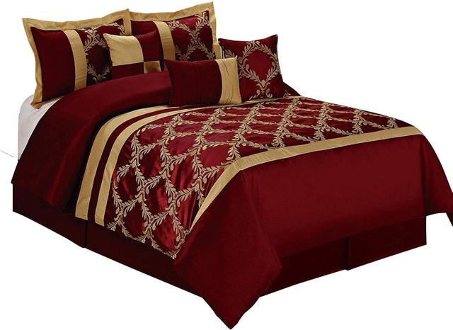 7-teiliges Claremont Bettdecken-Set von Bin Chi Textiles in Burgunderrot und Gold, bestickte Kunstseide mit floralem Muster, atmungsaktiv und knitterarm, B/H: 180 x 200 cm - Bild 1