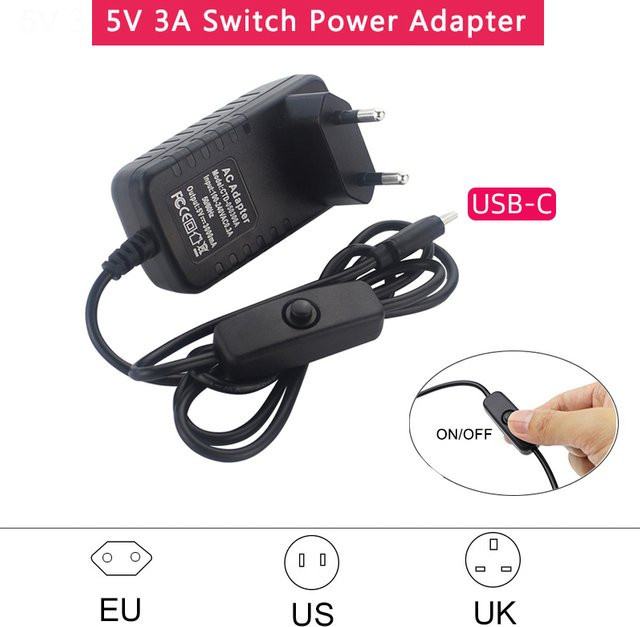 SHCHV USB Typ-C Netzteil 5V 3A mit EIN/AUS-Schalter in Schwarz für Raspberry Pi 4 und Orange Pi Zero 3/3B - Bild 1