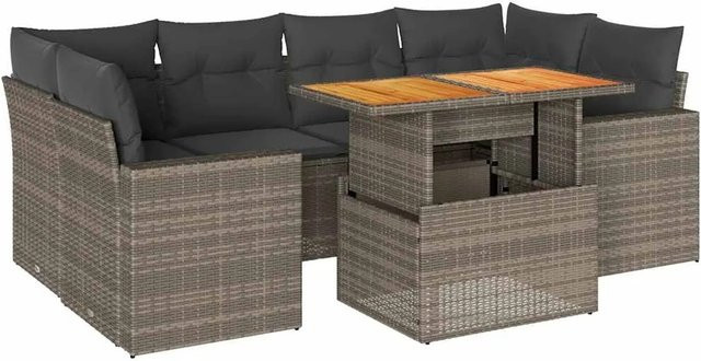 vidaXL 7-teilige Garten-Sofagarnitur aus Poly-Rattan und Akazienholz in Grau mit Kissen - Bild 1