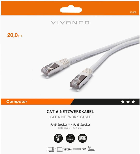 Vivanco CAT6 Ethernet LAN Netzwerkkabel, Weiß, 20 m - Bild 1