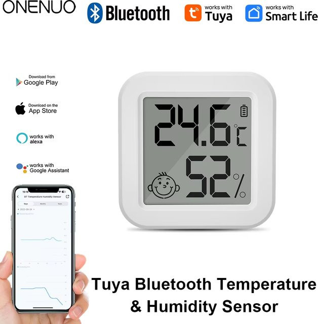 ONENUO Tuya Bluetooth Temperatur- und Feuchtigkeitssensor mit LCD-Display und App-Steuerung, Weiß - Bild 1