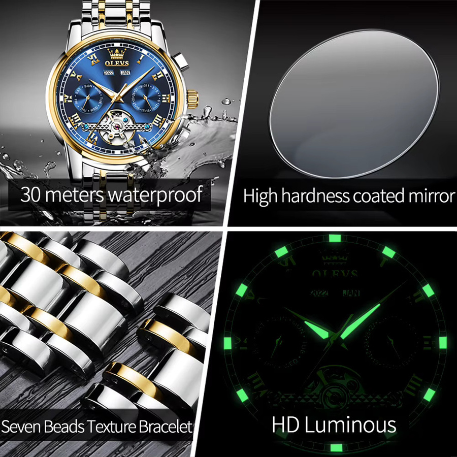OLEVS Armbanduhr Automatik, Edelstahl, Blau, Herren - Bild 5