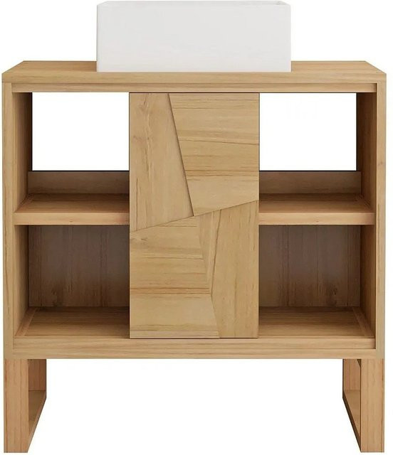 Vente-unique Einzelwaschtisch Mataram aus Teakholz Massivholz in Naturfarben Hell mit Schiebetüren und Regalfach Breite: 80 cm - Bild 1
