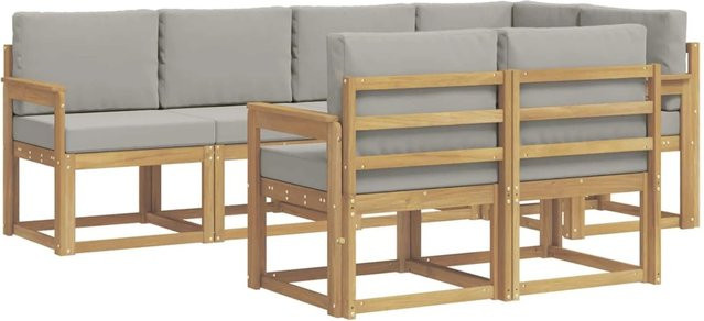 vidaXL Outdoor-Sofagarnitur 7-teilig in L-Form aus massivem Akazienholz mit Kissen in Weiß und Hellgrau - Bild 1