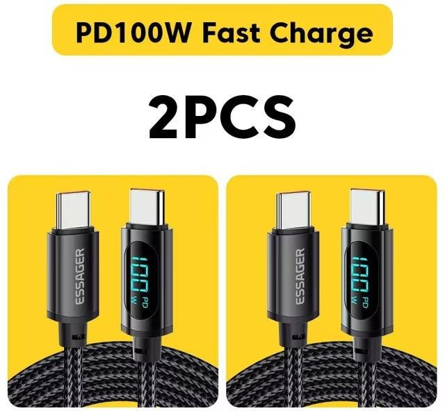 Essager 2er-Set USB Typ C auf USB C Kabel mit Display 100W 5A Schnellladekabel und Datenkabel in Schwarz, Länge: 1 m - Bild 1