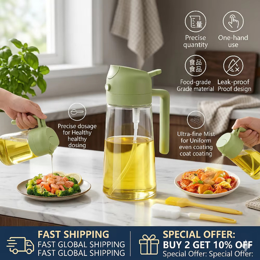 2-in-1 Öl-Sprühflasche und Ölspender aus Kunststoff mit 2 Bürsten für BBQ und Kochen in Gelb oder Grün - Bild 1