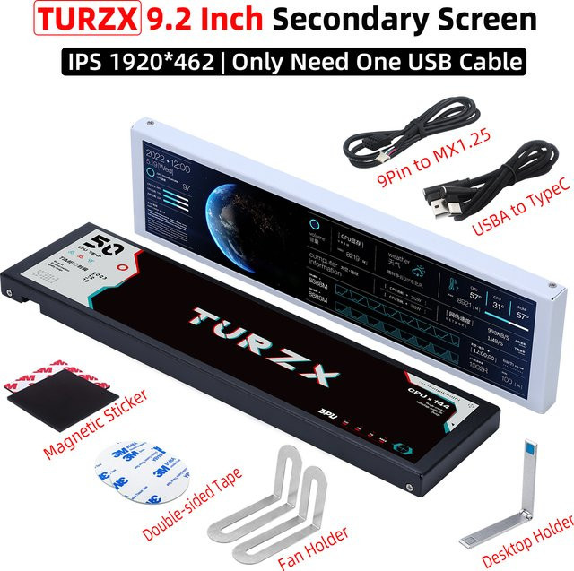 TURZX 9,2 Zoll USB-Sekundärbildschirm für Computergehäuse mit IPS LCD und Typ-C-Anschluss in Weiß zur Anzeige von CPU, RAM, GPU, HDD, FPS und Wetter - Bild 1