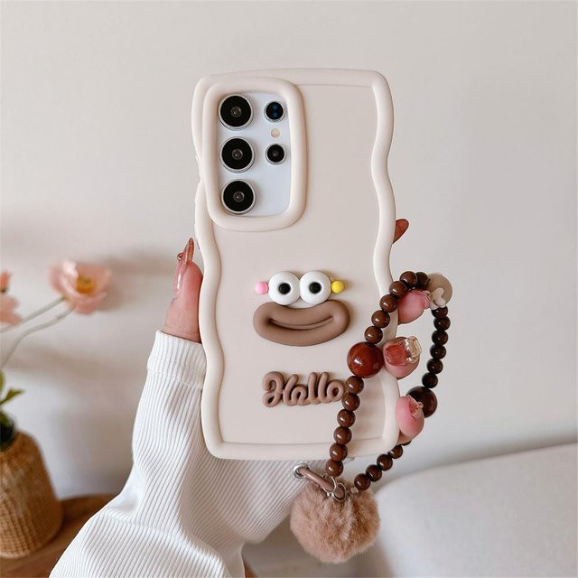 Süße Cartoon Handgelenkkette Wellen Hülle mit Lanyard für Samsung Galaxy S25 S24 Ultra S23 S22 S21 S20 Plus FE A55 A54 A35 A16 A15 A53 5G in Beige - Bild 1
