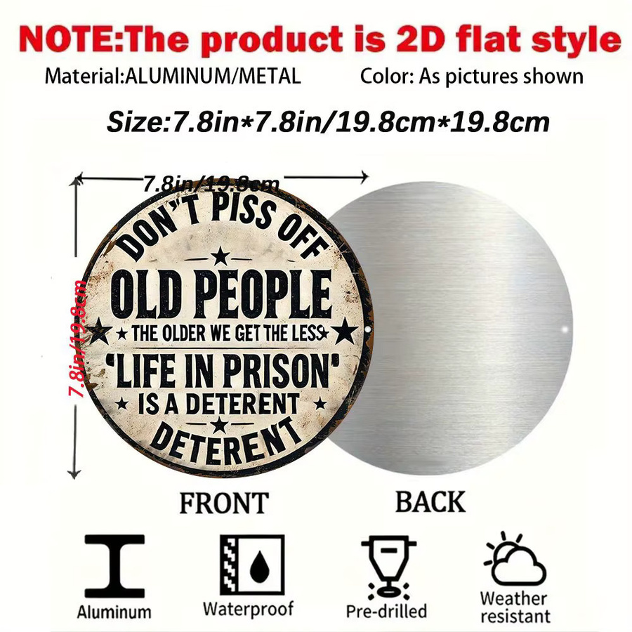 Potdemiel Rundes Aluminiumschild Don't Piss Off Old People Durchmesser: 19,81 cm, Mehrfarbige Wanddekoration im Vintage-Stil - Bild 2