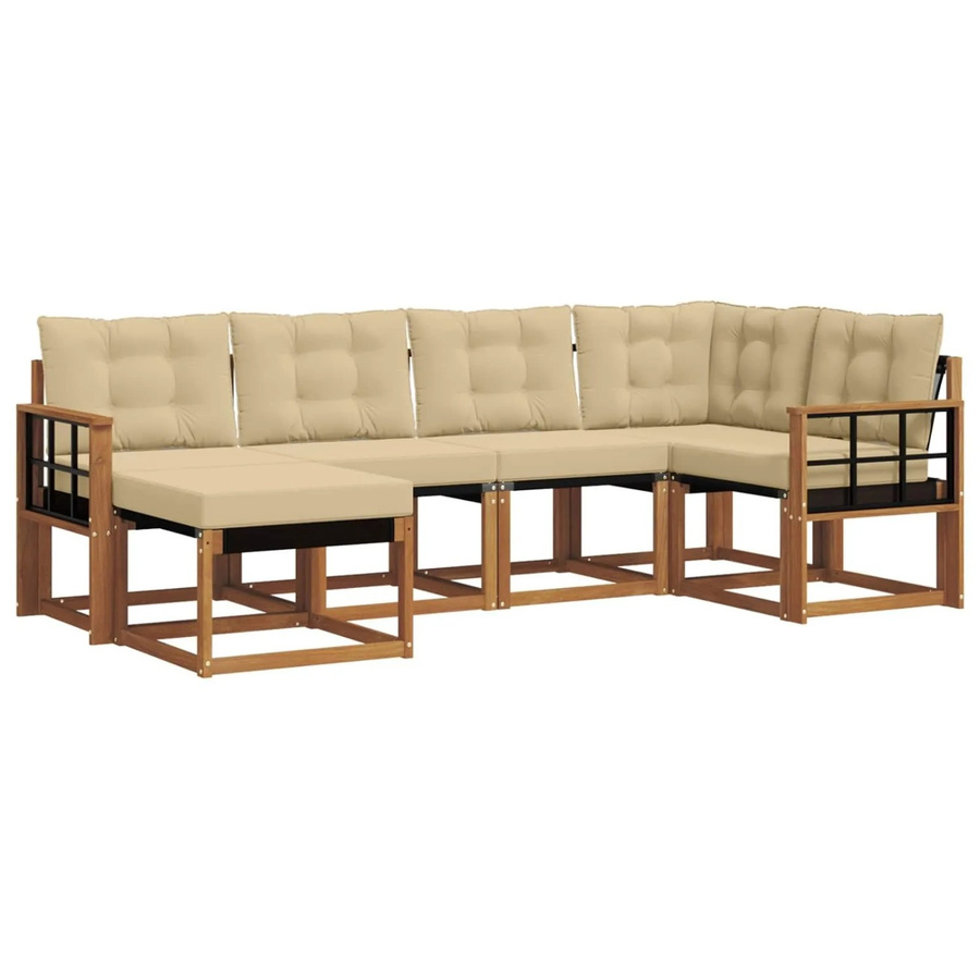 vidaXL Sofa Set 6-teilig L-Form aus Akazienholz mit Textilene und Kissen in Natur-Beige - Bild 2