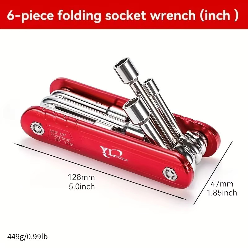 WIDEEP 6-in-1 Multifunktions-Hülsen-Werkzeug-Set, klappbarer Steckschlüssel für Haushalt und Outdoor, Rot, Länge: 15,2 cm - Bild 4