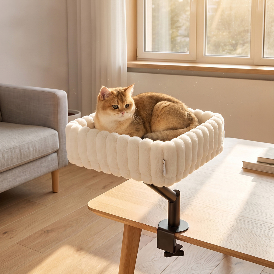 PawHut Katzen-Schreibtischbett von Aosom in Weiß mit 360° Drehung, verstellbarer Klemme und integriertem Hängeball für Katzen unter 6 kg - Bild 2