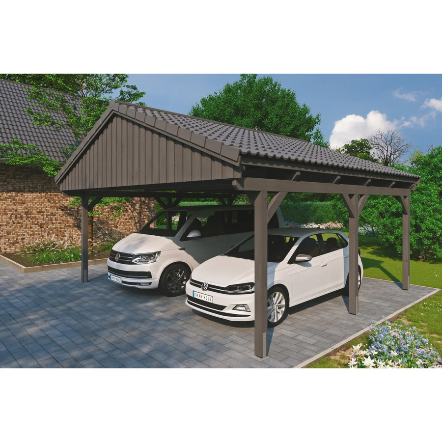 Skan Holz Carport Fichtelberg aus Fichte Leimholz mit grauen Dachziegeln und spitzer Dachform, B/T: 618 x 566 cm, Höhe: 362 cm - Bild 2