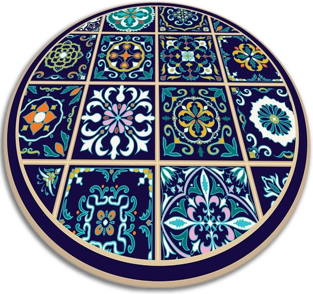 Tulup Teppich Portugiesisches Fliesenmuster in Schwarz und Multicolour, Durchmesser: 80 cm - Bild 1