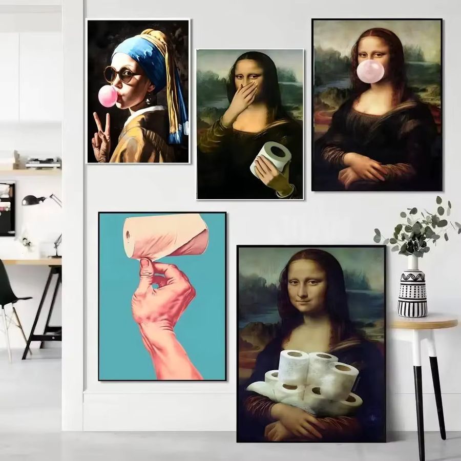 Wasserfester selbstklebender Wandaufkleber Mona Lisa mit Perlen und Toilettenpapier für das Badezimmer - Bild 2