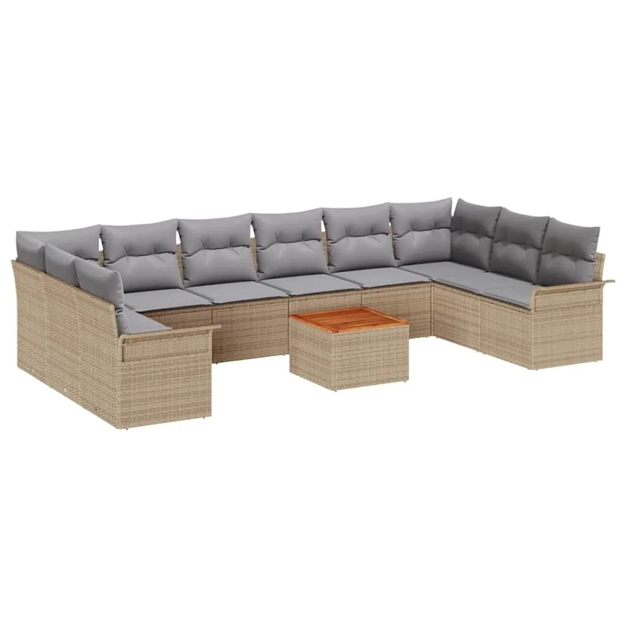 vidaXL 11-teiliges Gartensofa-Set in U-Form aus Poly Rattan und Akazie mit Kissen in Beige-Grau - Bild 2
