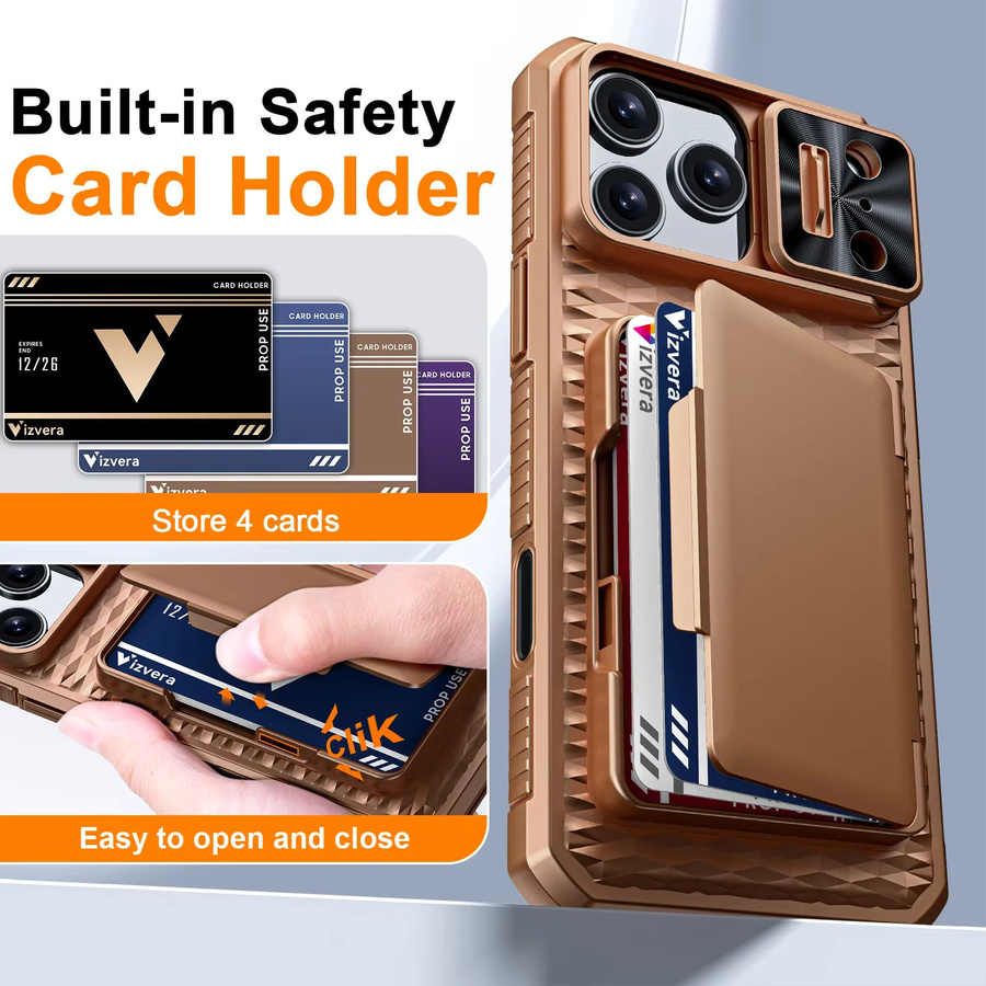 BANGZAO Wallet Case für 17 Pro Max mit Kartenhalter und verschiebbarer Kameraabdeckung aus PC und TPU in Orange und Braun - Bild 4