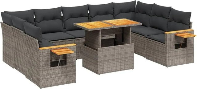 vidaXL 10-teilige Garten-Sofagarnitur aus Poly-Rattan mit Kissen in Grau und Akazienholz - Bild 1