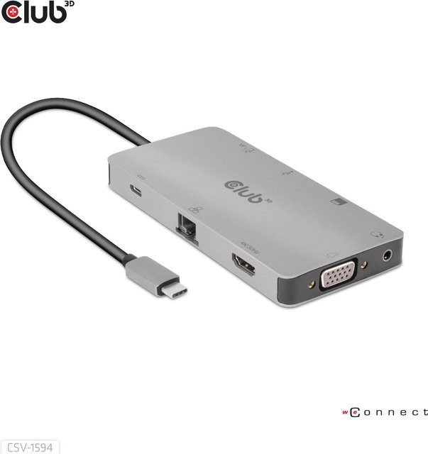 Club3D 9-in-1 USB-C Dockingstation CSV-1594 mit HDMI, VGA, GigE und SD-Kartenleser, Silber - Bild 1