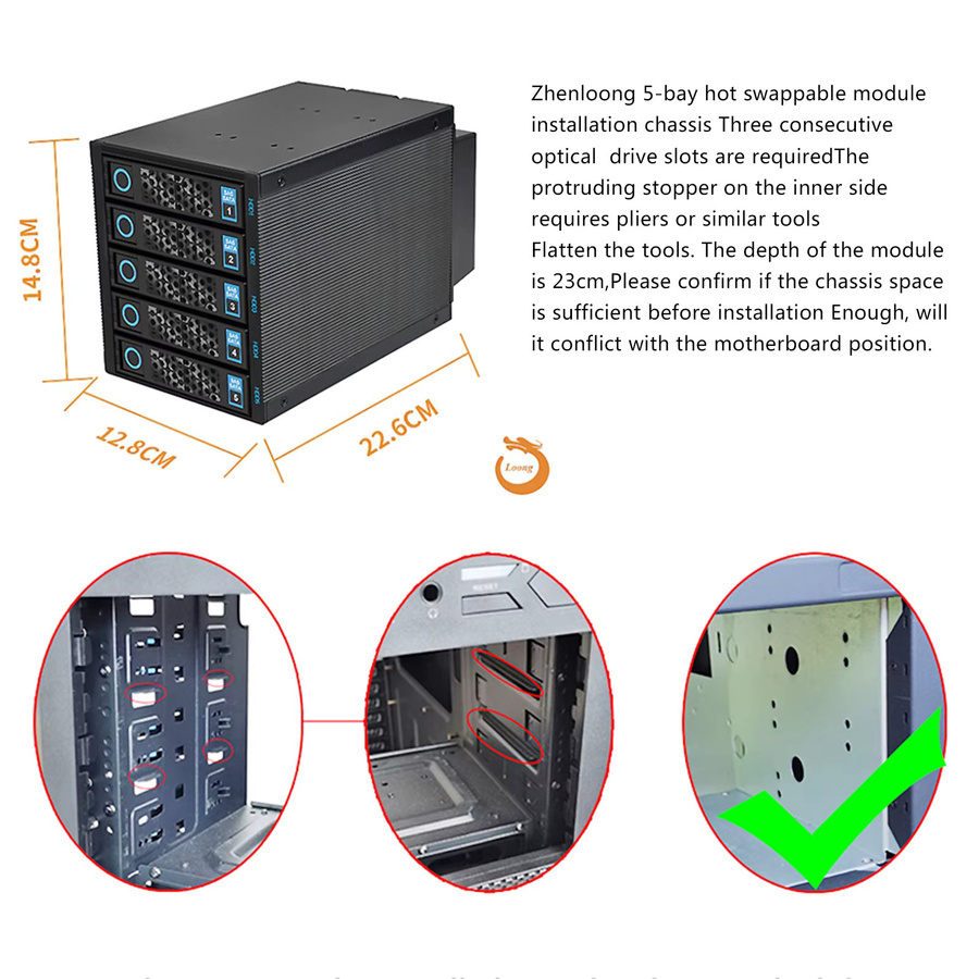 ZhenLoong Modulares NAS Speicherserver-Gehäuse in Schwarz mit 5 Einschüben für 3,5 Zoll HDDs, 3U/4U Rack-kompatibel mit 3x 5,25 Zoll Plätzen und Hot-Swap-Funktion - Bild 5
