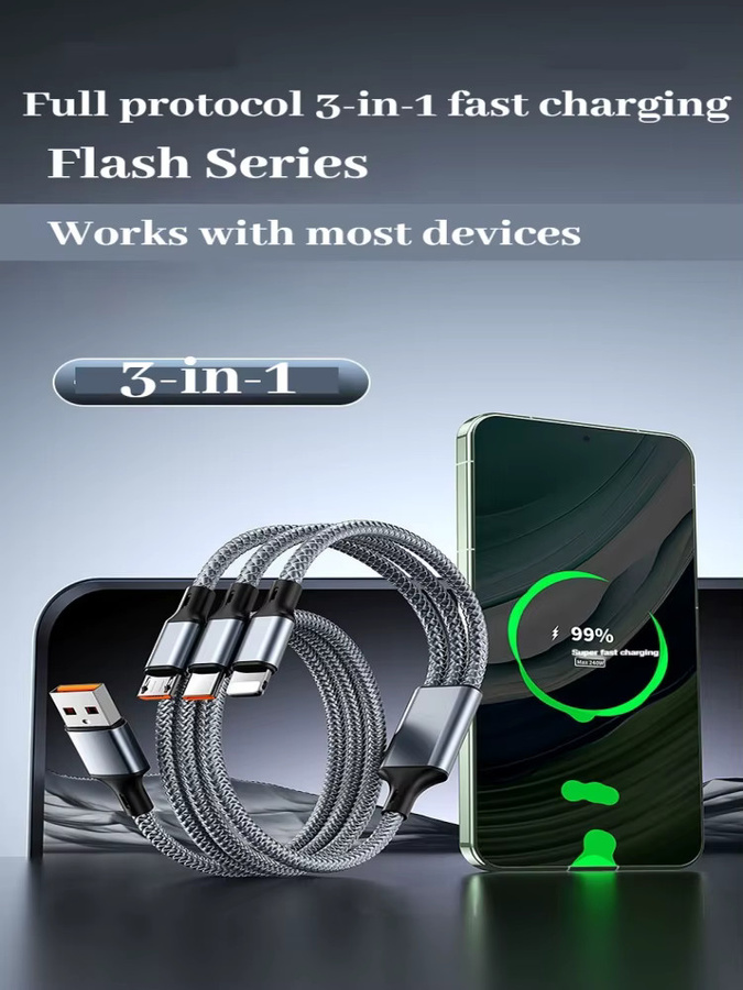 Setolgh 3-in-1 Multi-Ladekabel mit USB-C und Micro-USB, nylonumflochtenes Schnellladekabel in Grau - Bild 2