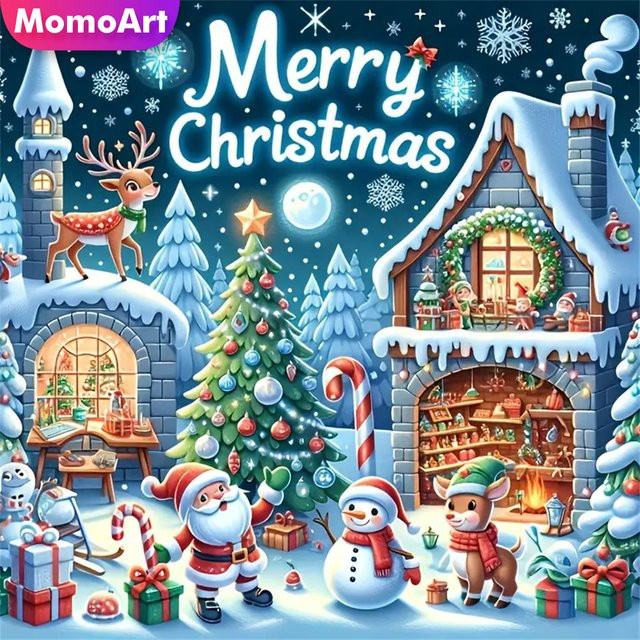 Momoart Diamantmalerei Winterlandschaft mit Schneemann und Haus als DIY Mosaik für Erwachsene in Multicolour, B/H: 20 x 20 cm - Bild 1