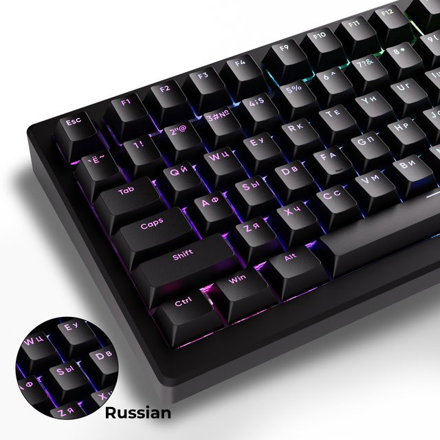 XVX PBT Tastenkappen im Cherry-Profil mit russischem Layout, 133 Tasten, oben bedruckt und durchscheinend für North-Facing RGB-Tastaturen, Schwarz und Weiß - Bild 1