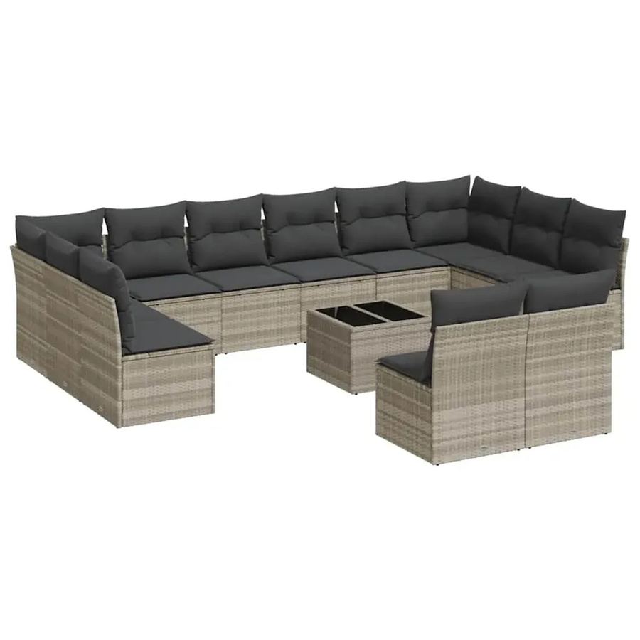 vidaXL 13-tlg. Garten-Sofagarnitur in L-Form aus Poly-Rattan mit Kissen und Couchtisch, Hellgrau - Bild 2