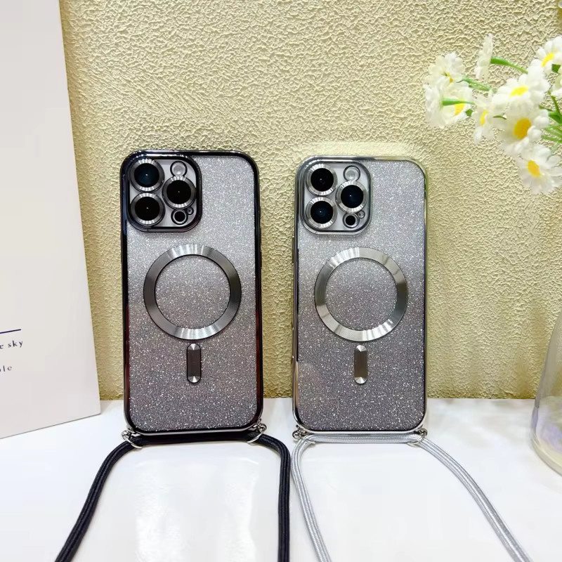 EHUIDE Magnetische Schutzhülle für iPhone 17 Pro Max, 16, 15 Plus, 14, 13, 12, 11 und 17 Air, Transparente Glitzer-Hülle mit Umhängeband, Silber - Bild 2