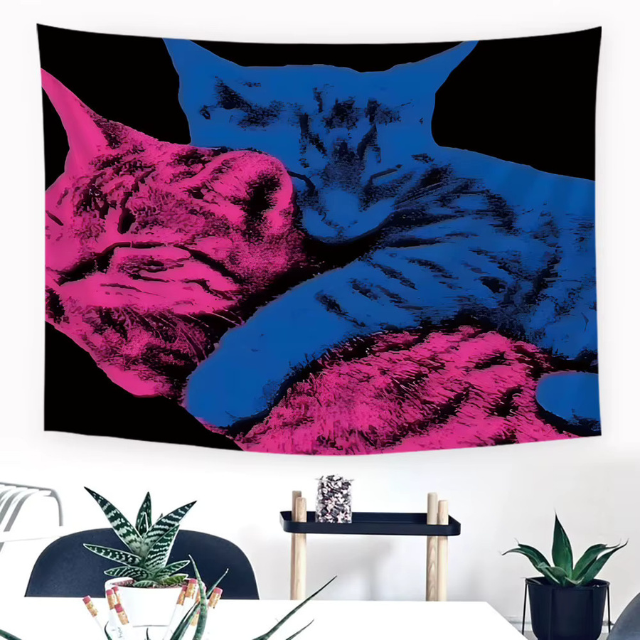 RoarGosh Wandteppich mit blauer und hellroter Katze der Liebe als dekorativer Wandbehang für Schlafzimmer und Wohnzimmer - Bild 2