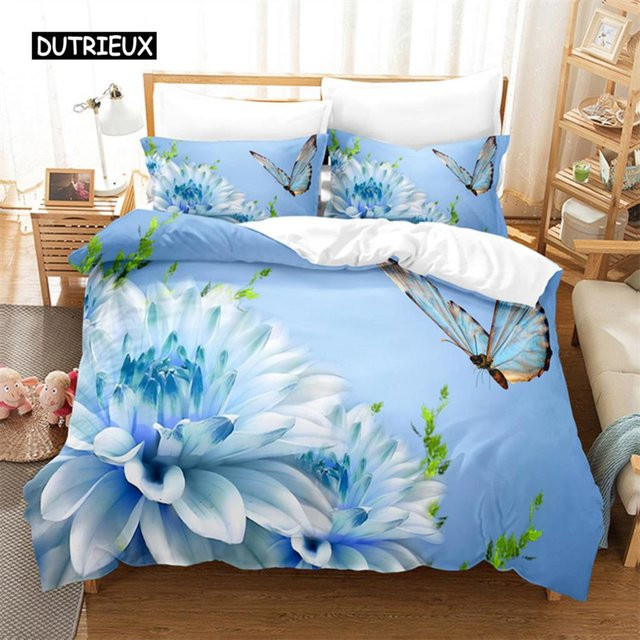 Bettwäscheset mit Blumen- und Schmetterlings-Design in Blau, 3D-Digitaldruck aus Mikrofaser, B/H: 140 x 210 cm - Bild 1