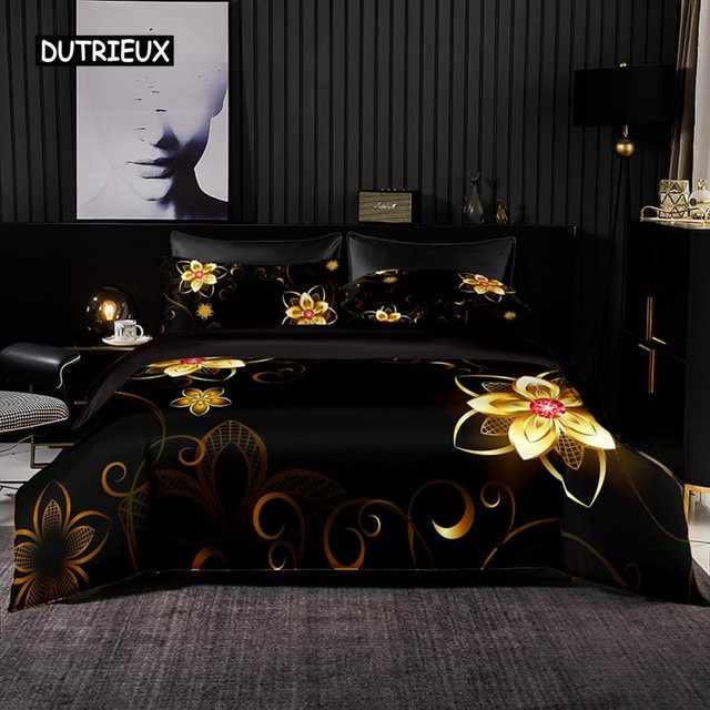 Bettwäsche-Set Binchi Outdoor Product mit Bettbezug und Kissenbezügen in Schwarz-Gold mit Blumenmuster, B/H: 135 x 200 cm - Bild 1